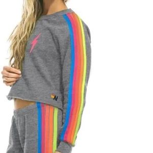 Aviator Nation Bolt Embroidery Classic Cropped Crew Heather Grey Neon Rainbow L